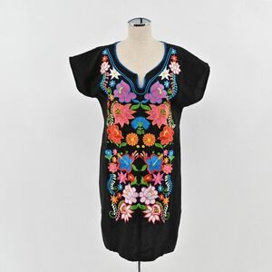 Vintage Mexican Folk Embroidered Dress Womens Size M Black Floral Boho Kimono